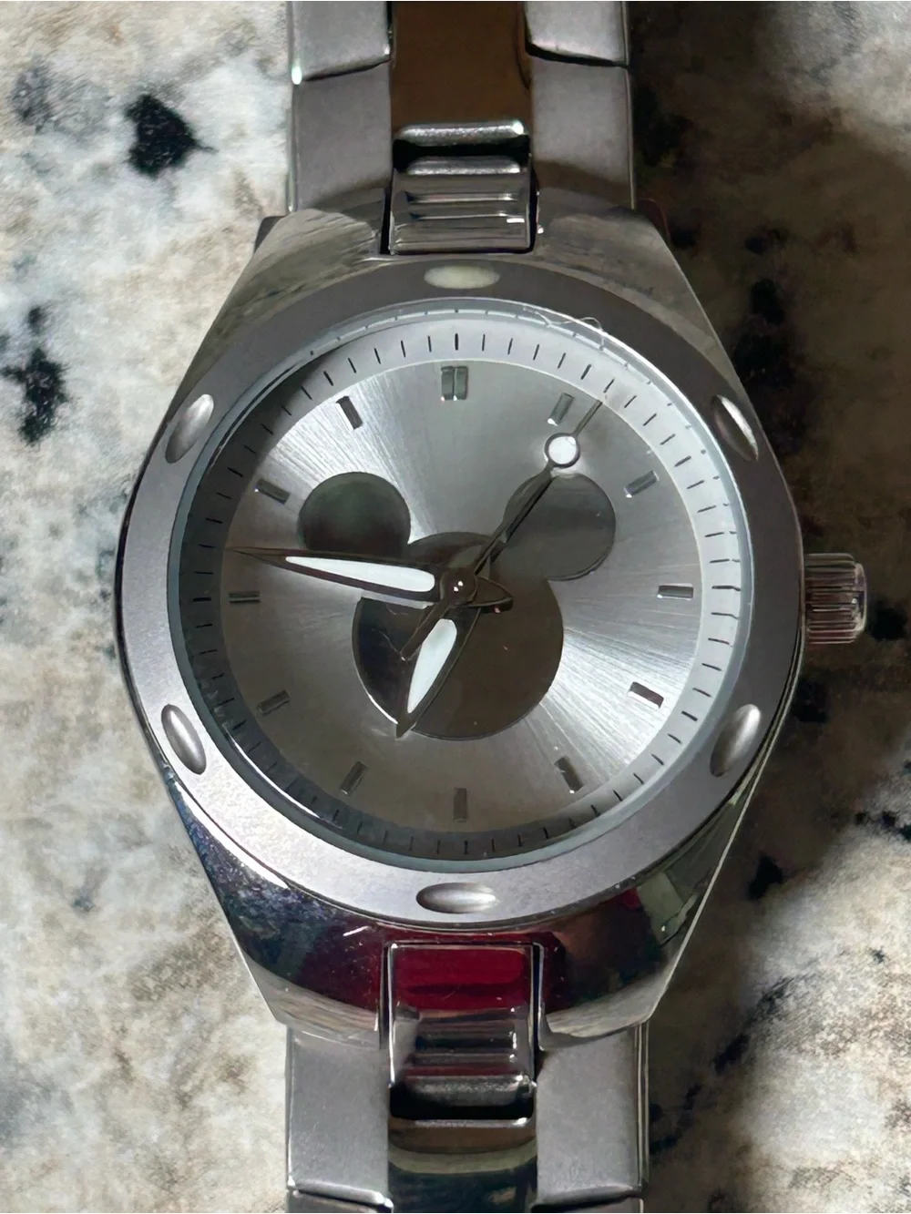 Disney Mickey Mouse Silver Tone Watch 27mm New Old Stock w/ Box Needs Battery